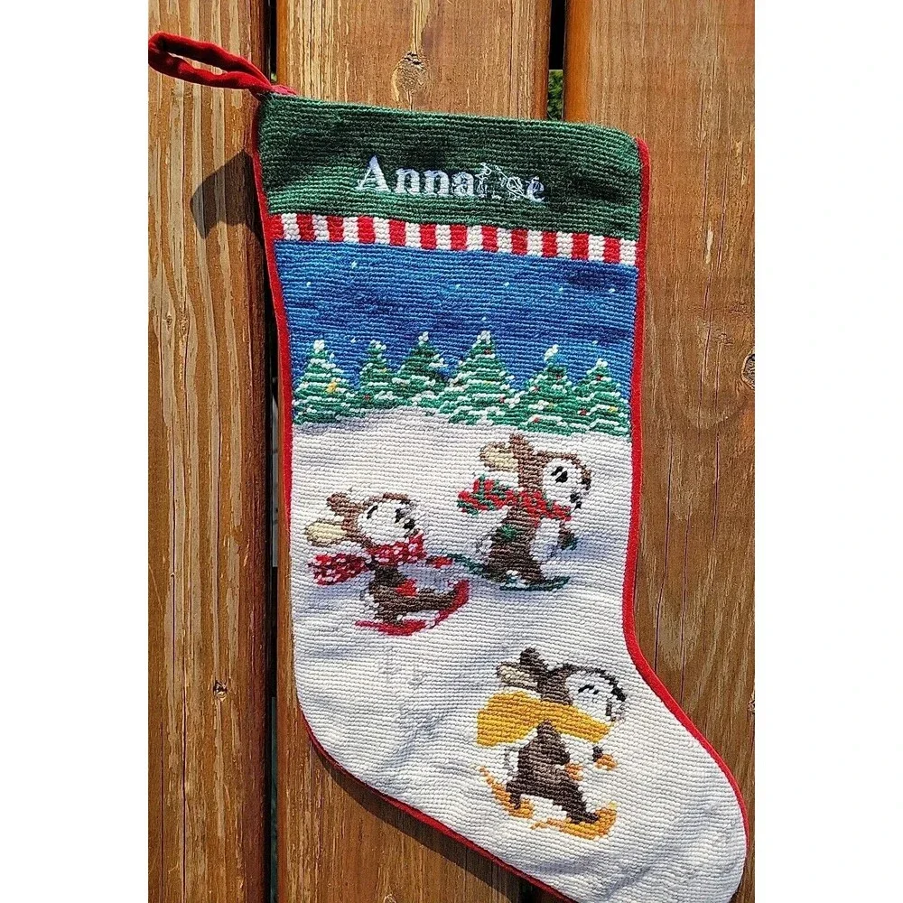 Lands End Bunnies Needlepoint Christmas Stocking Wool Green Red Cotton FLAW
